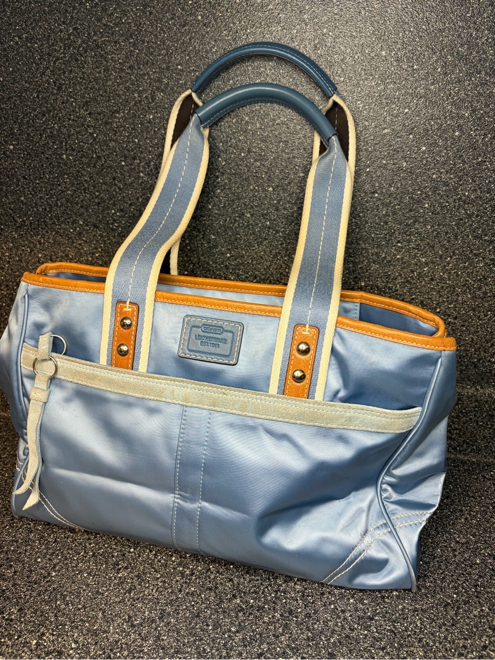 Coach Shoulder Bag Blue Nylon Tote with Tan Trim